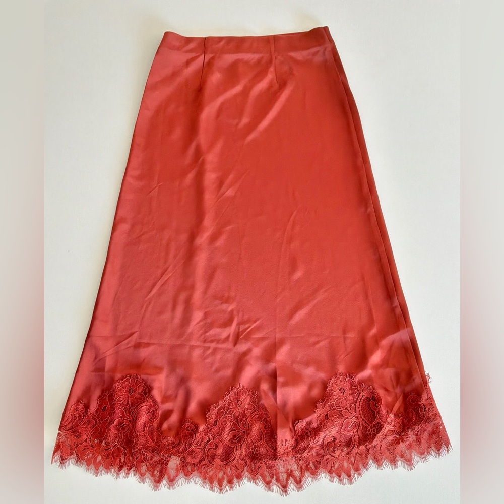 Skies Are Blue Satin Midi Skirt Lace Hem Rust Red Size S Slip Silky - Picture 2 of 7